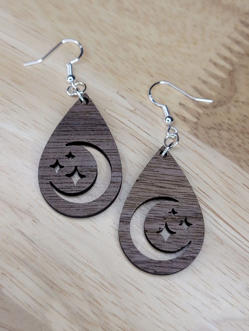 Wood Teardrop Moon & Stars Earrings - Brown